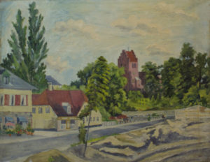 Lyngby Hovedgade med Hotel Lyngby, Damhuset og Lyngby Kirke - maleri af Lyngbymaleren Anker Legaard - 139