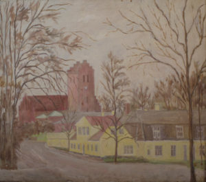 Lyngby Kirke og Kirkestræde, malet af Lyngbymaleren Anker Legaard - 125