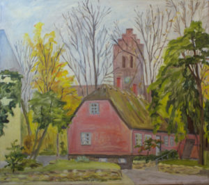 Lyngby Kirke set fra hjørnet af Gammel Lundtoftevej og Asylstræde. Sommer. Malet af Lyngbymaleren Anker Legaard - 48