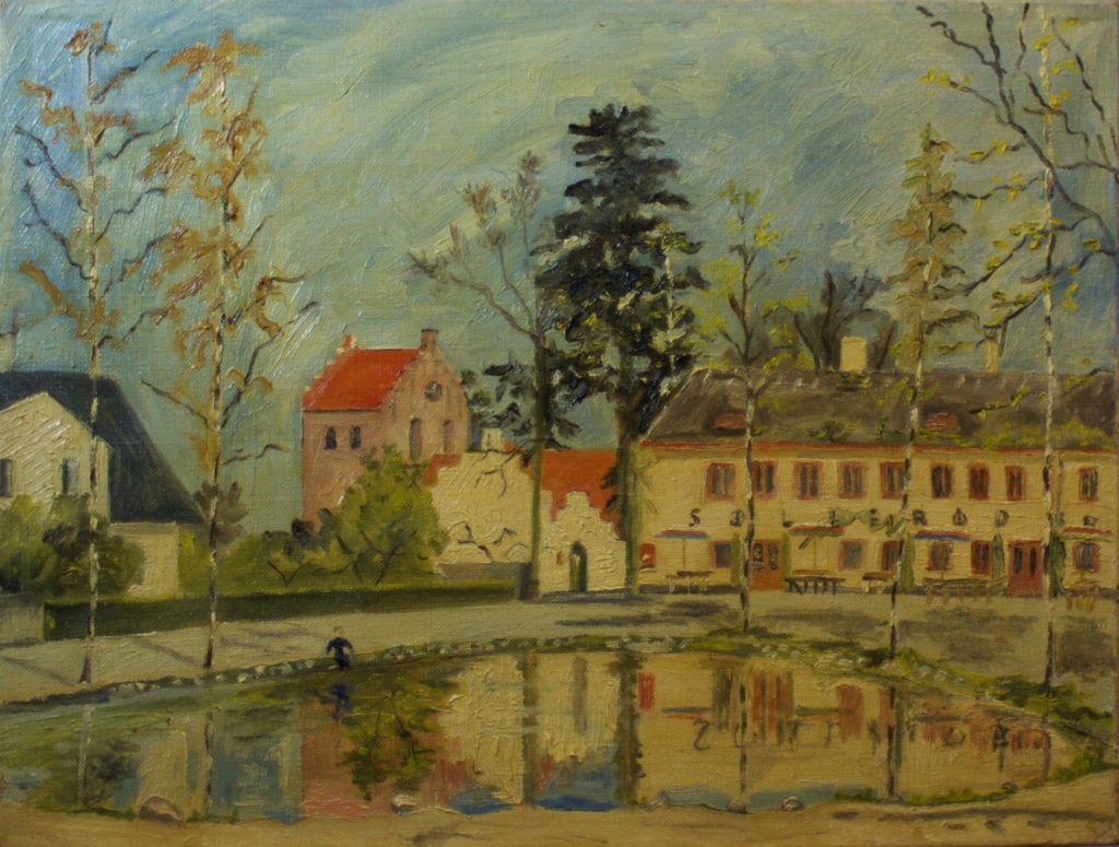 Søllerød Gadekær med kirke og kro. Ved bredden sidder Lyngbymalerens søn, Carsten Legaard - 40