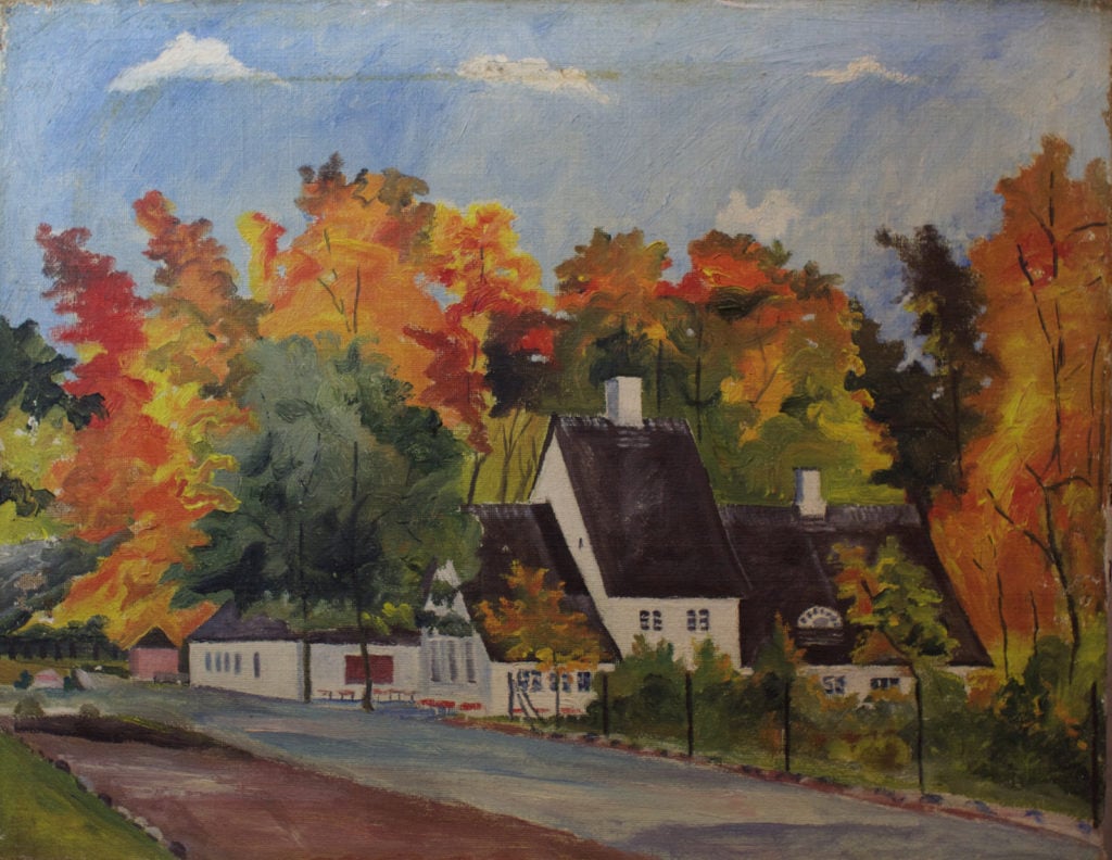 Dyrehaven. Peter Lieps Hus. Malet af Lyngbymaleren Anker Legaard. I privat eje