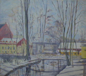 Lyngby Hovedgade. Lyngby Søndre Mølle malet i vinterhalvåret af Lyngbymaleren Anker Legaard - 91