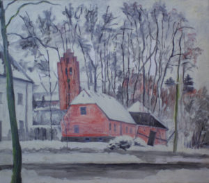 Lyngby Kirke set fra hjørnet af Gammel Lundtoftevej og Asylstræde. Vinter. Malet af Lyngbymaleren Anker Legaard - 53