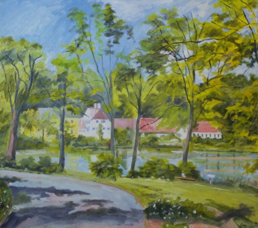 Raadvad set fra Raadvad Kro. Malet af Lyngbymaleren Anker Legaard - I privat eje